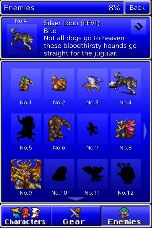 Final Fantasy: All The Bravest (Android) screenshot: A catalog of all enemies fought