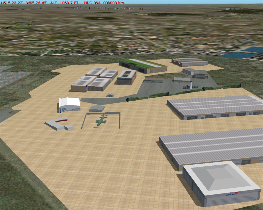 GB Airports (Windows) screenshot: Heathrow - some service buildings, and a husk used for fire drills.