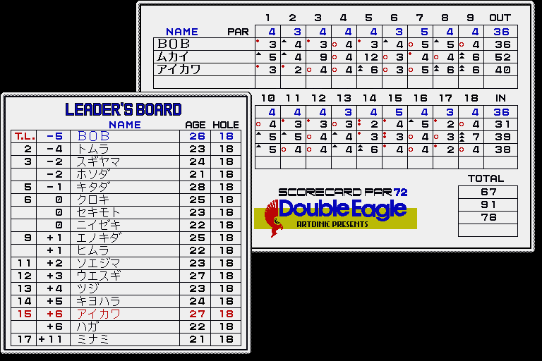 Double Eagle (Sharp X68000) screenshot: Leader's Board, this one is a qualifying round with the top 15 making the main tournament
