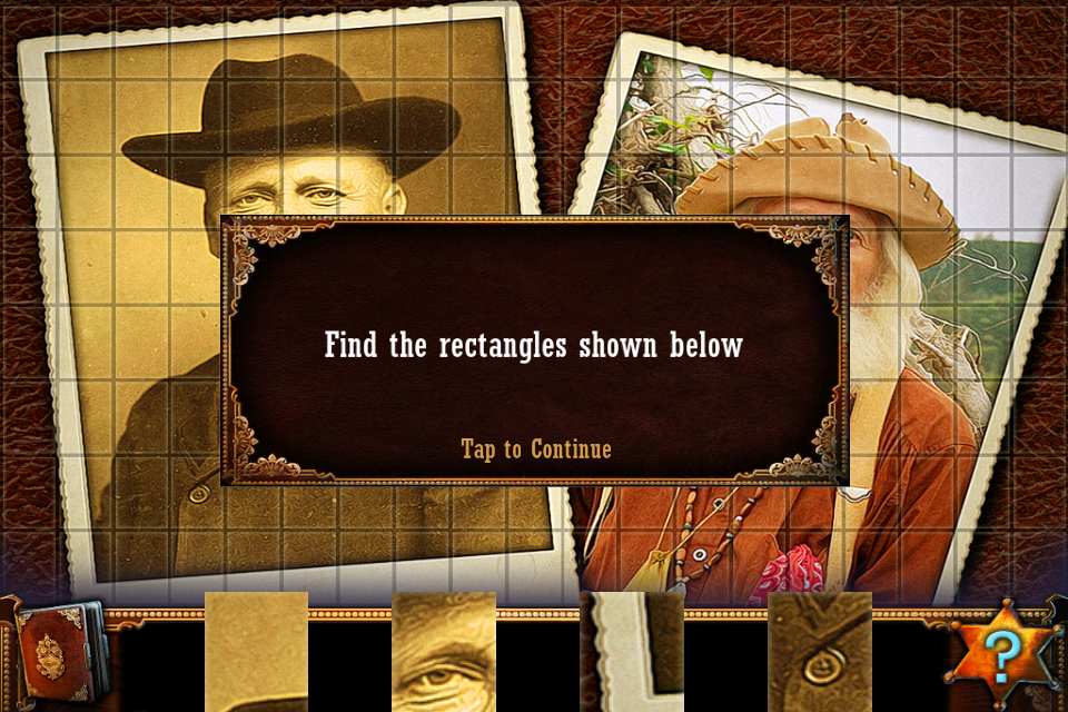 Wild West Quest (iPhone) screenshot: For this puzzle, I need to find the rectangles below in the pictures above.