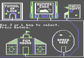 Jim Henson's Muppet Adventure No. 1: "Chaos at the Carnival" (Commodore 64) screenshot: Level selection screen: the carnival.