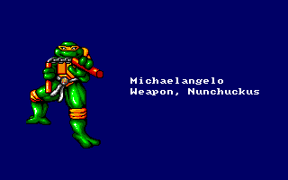 Teenage Mutant Ninja Turtles (Amiga) screenshot: Michaelangelo (intro screen) (European version)