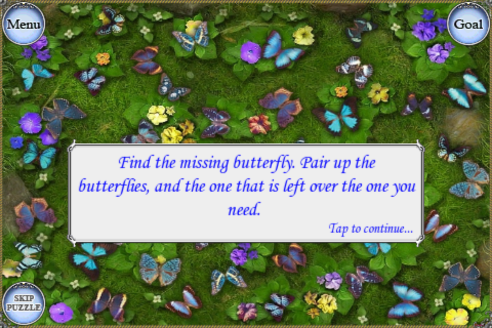 Treasure Seekers II: The Enchanted Canvases (iPhone) screenshot: Match butterflies until you find the one that has no match.