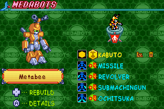 MedaBots: Metabee (Game Boy Advance) screenshot: Your MedaBot information includes data on the various parts that are attached to it
