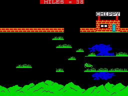 C5 Clive (ZX Spectrum) screenshot: On the way back you see a Fish and Chip shop