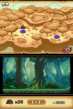 Henry Hatsworth in the Puzzling Adventure (Nintendo DS) screenshot: Each continent has its own Mario-esque sub-map, complete with beautiful artwork for each stage.