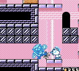 Wario Land II (Game Boy Color) screenshot: If Wario is hit by Freezy's ice, he will be frozen and sent sliding backwards until he hit a wall and defrost