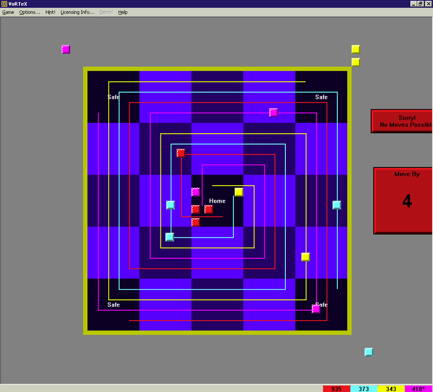VoRTeX (Windows) screenshot: To move into the HOME square players must roll the exact number required. Red has failed to do this which leaves their last piece vulnerable