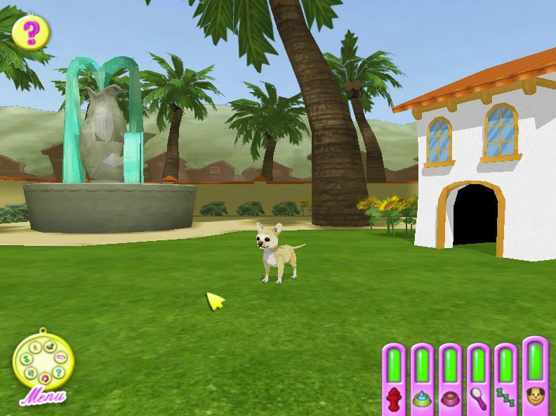 Hollywood Pets (Windows) screenshot: This is the Backyard, one of the locations in the game The house on the right is actually a kennel which can be upgraded to something really palatial The fountain on the left is not animated