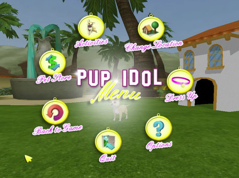 Hollywood Pets (Windows) screenshot: The in-game menu is triggered by the circle in the lower left of the game screen