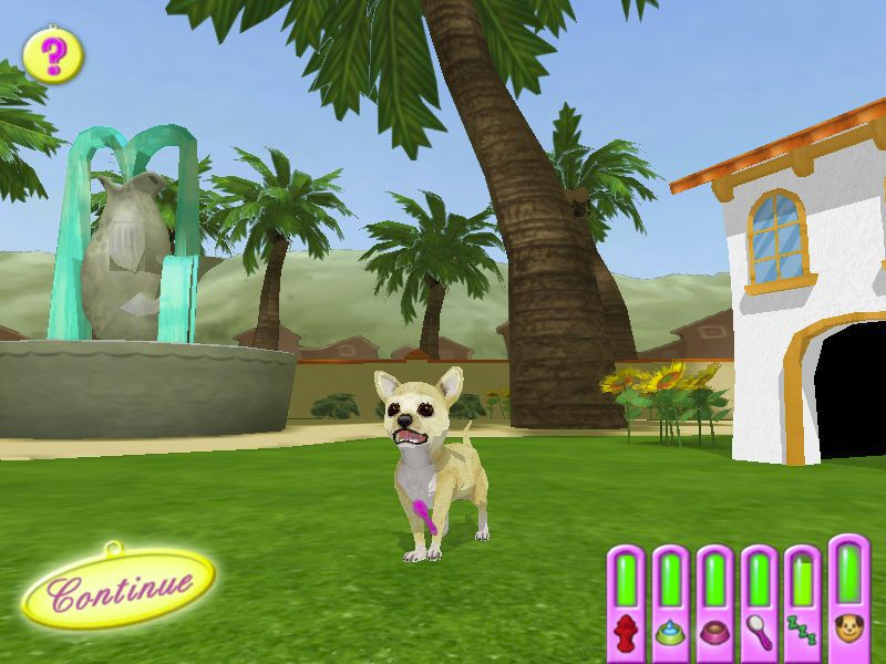 Hollywood Pets (Windows) screenshot: Brushing the pup All the player needs to do here is position the brush over the dog and press the mouse key This has the same effect as waving the brush on, over and around the mutt