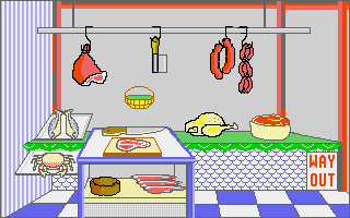 Let's Spell at the Shops (Amiga) screenshot: At the butcher