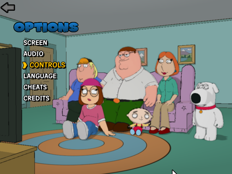 Family Guy: Back to the Multiverse (Windows) screenshot: Options Menu. I Set Sound & Screen and i set Control. while i Testing Xbox 360 Controller.