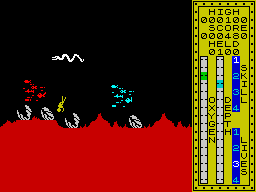 Scuba Dive (ZX Spectrum) screenshot: Two schools of fishes have surrounded the scuba diver.