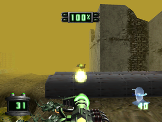 Disruptor (PlayStation) screenshot: Killing a fire-hurling monster.