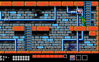 Teenage Mutant Ninja Turtles (Amiga) screenshot: Stage 1 (Sidescrolling part) (US version)