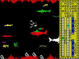 Scuba Dive (ZX Spectrum) screenshot: <i>Jacques-Yves Cousteau</i> shark assembly.