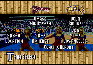 Coach K College Basketball (Genesis) screenshot: Exhibition team selection