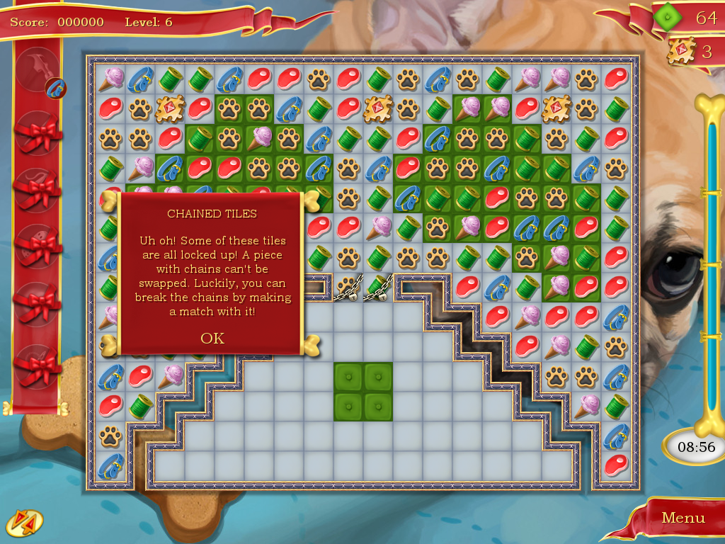 Dress-Up Pups (Linux) screenshot: Level 6 is back to swap tiles but introduces chained tiles