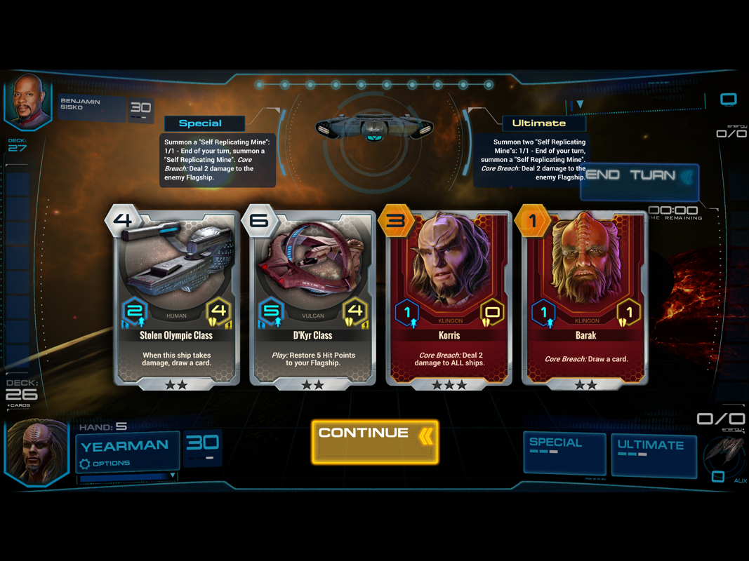 Star Trek: Adversaries (iPad) screenshot: Beginning a new game with these four cards.