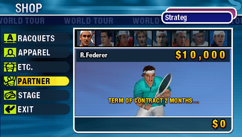 Virtua Tennis: World Tour (PSP) screenshot: Shop in world tour mode allow you to buy gear, partners and stages.