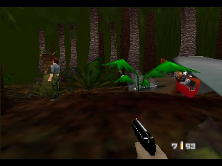 GoldenEye 007 (Nintendo 64) screenshot: Watching Natasha in the jungle level. Your mission is to protect her