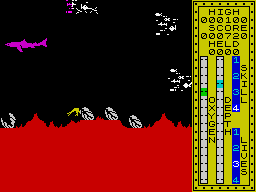 Scuba Dive (ZX Spectrum) screenshot: Trapped by the "bite" of a giant Clam (<i>Tridacna gigas</i>). The player doesn't loose a life he simply looses all of his gathered wealth.