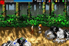 Jurassic Park III: The DNA Factor (Game Boy Advance) screenshot: Be sure to pick up anything you see... There is food next to you and the blue and green dots are DNA pieces