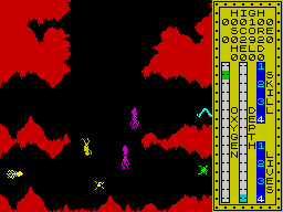 Scuba Dive (ZX Spectrum) screenshot: This is the bottom of the sea at the highest level of difficulty. Notice the vertical flux of marine biology at the deepest levels. Time for a break.