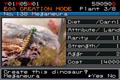 Jurassic Park III: Park Builder (Game Boy Advance) screenshot: One of the 140 dinosaurs you can have... Do you remember the Meganeura who battled Godzilla?