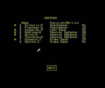 Kenny Dalglish Soccer Manager (ZX Spectrum) screenshot: List of th defenders in your squad