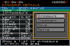 Jurassic Park III: Park Builder (Game Boy Advance) screenshot: View your dinosaurs statistics to see how their health is