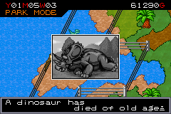 Jurassic Park III: Park Builder (Game Boy Advance) screenshot: Oh, no! Your dinosaur died! Expect to see your dinosaurs dying from various causes throughout the game