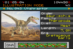 Jurassic Park III: Park Builder (Game Boy Advance) screenshot: Use your dinosaur guide book to see the information about each dinosaur you create