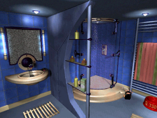 Zero Zone (Windows) screenshot: And here's the beautiful bathroom. Looks like our father even has a dog, seeing how there's a bowl at the bottom right.