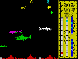 Scuba Dive (ZX Spectrum) screenshot: Emergency level of oxygen.<br> - Where's <i>Calypso</i>? don't tell me that guy has been sleeping again?