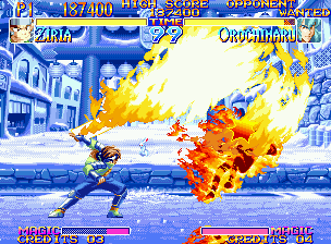 Kabuki Klash (Neo Geo) screenshot: Hot stuff: Ziria toasts any opponent in his way using the burning-flaming KoTen!