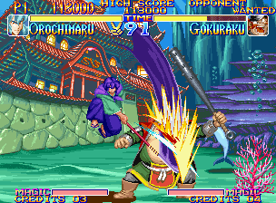 Kabuki Klash (Neo Geo) screenshot: Orochimaru with an aggressive air attack: too bad, Gokuraku... :-P