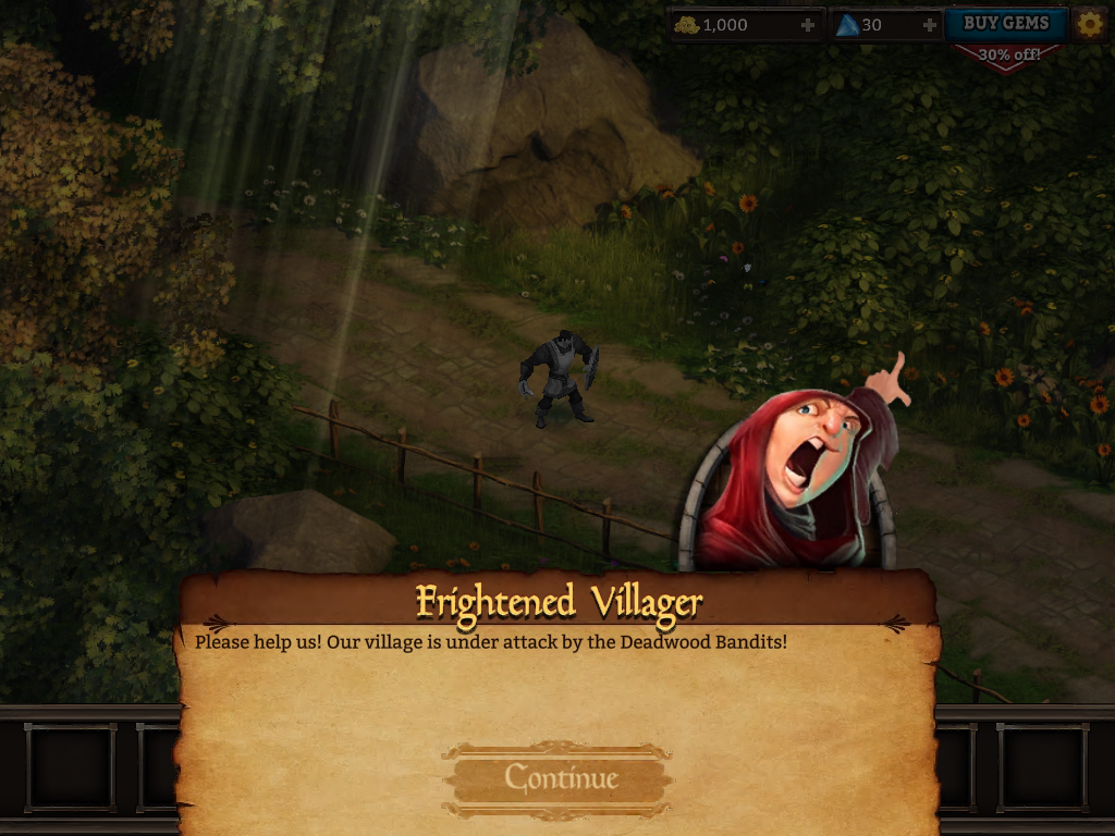 KingsRoad (iPad) screenshot: Your first quest, save that village!