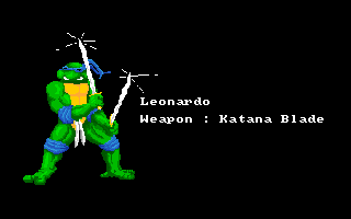 Teenage Mutant Ninja Turtles (Amiga) screenshot: Leonardo (intro screen) (US version)