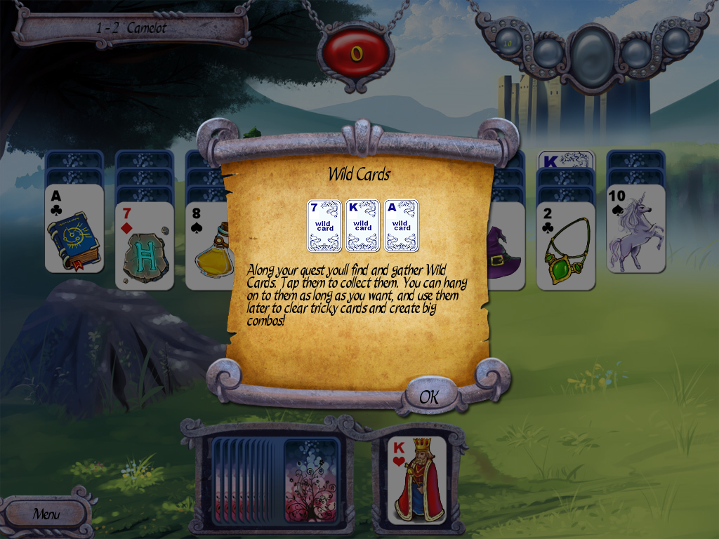 Avalon Legends Solitaire (iPad) screenshot: Level 1-2 introduces wild cards