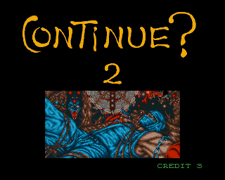 Ninja Gaiden (Amiga) screenshot: The continue-screen. A saw-blade is about to kill the ninja.