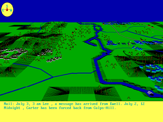Gettysburg (DOS) screenshot: Morning has broken...or is going to, the light is changeing. Lee gets a report from the midnights battle. It's now three hours after the battle took place.