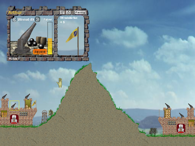 Ballerburg (Windows) screenshot: Battle start; each player takes turns to fire at each other, or repair destroyed objects, if finances allow. The identical layouts for the opponent castles is for easier damage comparision.