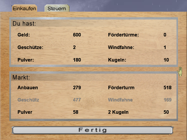 Ballerburg (Windows) screenshot: Inventory display: Things to purchase from the market: Building material, Mining tower, Cannon, Flagpole, Gunpowder, Cannonballs.