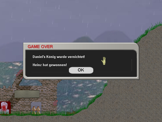 Ballerburg (Windows) screenshot: One of the player Kings got killed - game over.