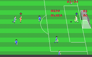 Kenny Dalglish Soccer Match (Atari ST) screenshot: Amazingly, that ball will drop into the goal