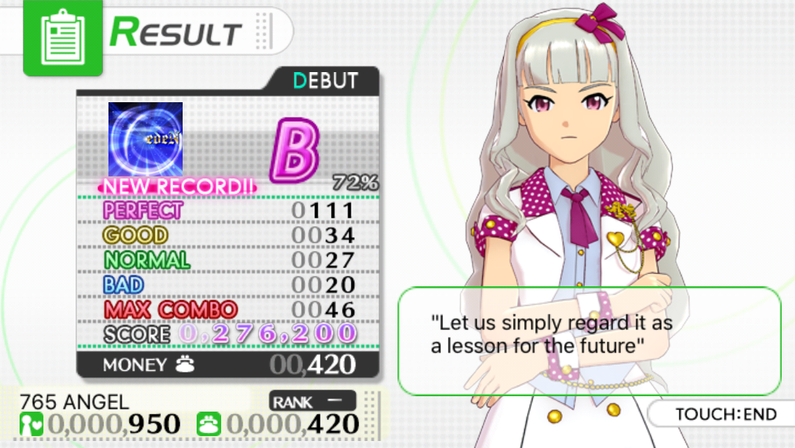 The iDOLM@STER: Shiny Festa - Melodic Disc (iPhone) screenshot: Takane is not amused.