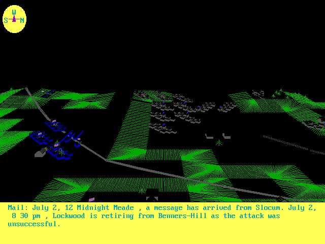 Gettysburg (DOS) screenshot: Midnight, time to go to bed? Nope, fight on. Not so successful if you can't see the enemy.