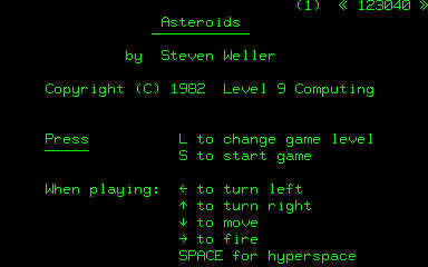 Asteroids (Nascom) screenshot: Title / menu screen